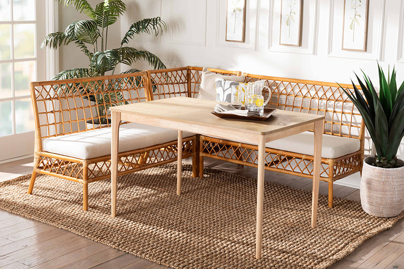 Keswick Modern Bohemian Honey Rattan 4-Piece Dining Nook Set