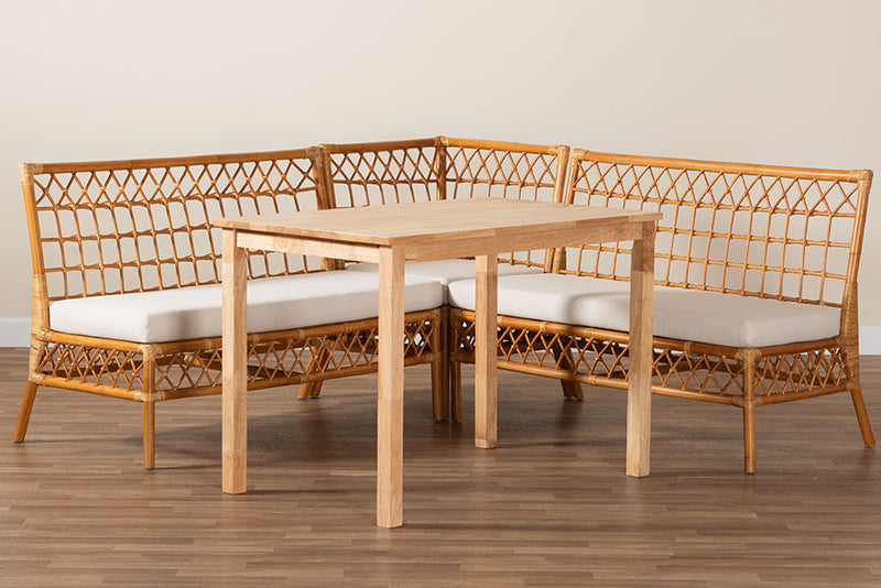 Caine Modern Bohemian Honey Rattan 4-Piece Dining Nook Set