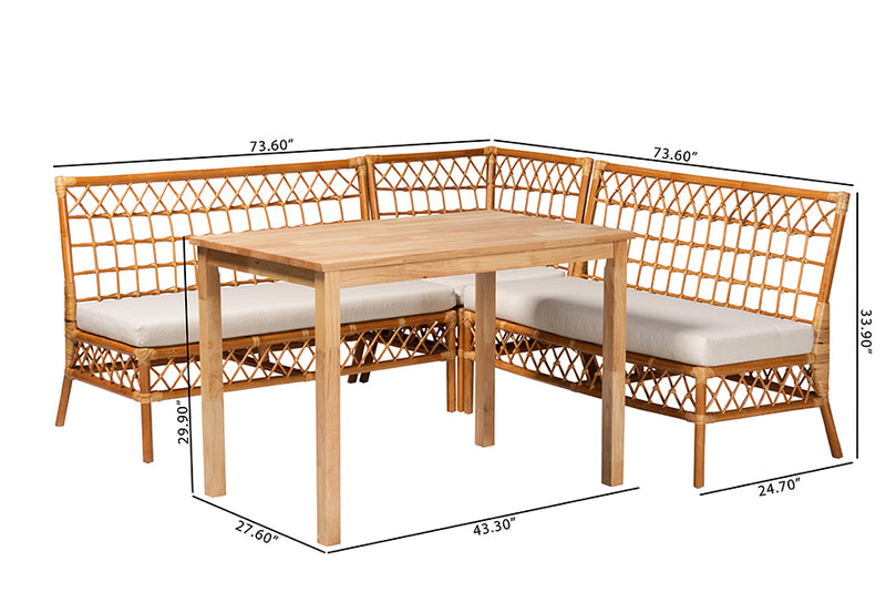 Caine Modern Bohemian Honey Rattan 4-Piece Dining Nook Set