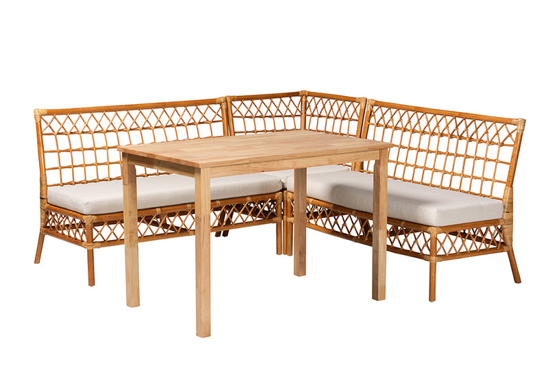 Caine Modern Bohemian Honey Rattan 4-Piece Dining Nook Set