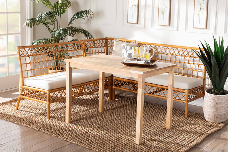 Caine Modern Bohemian Honey Rattan 4-Piece Dining Nook Set