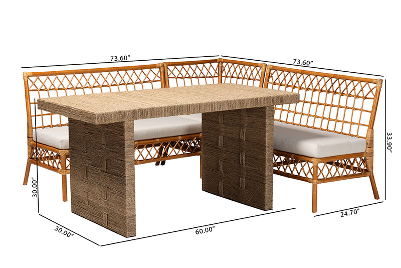 Marlisa Modern Bohemian Honey Rattan 4-Piece Dining Nook Set