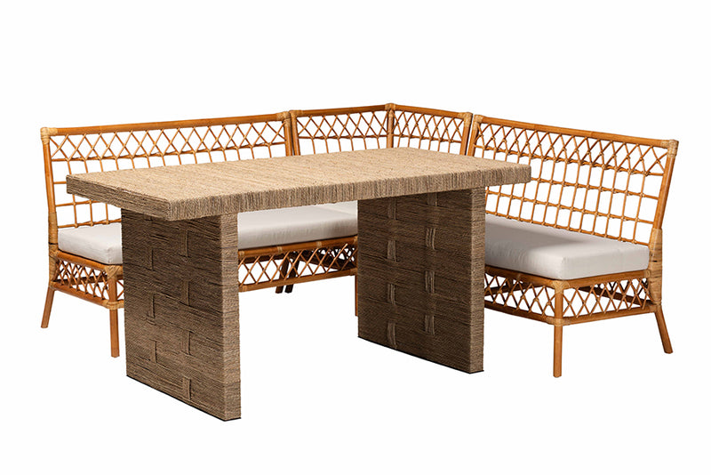 Marlisa Modern Bohemian Honey Rattan 4-Piece Dining Nook Set