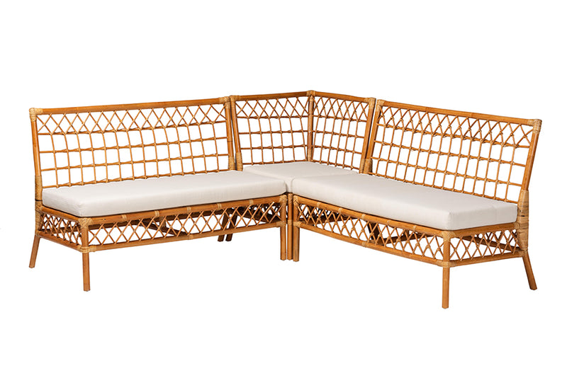 Ayla Modern Bohemian Honey Rattan 3-Piece Dining Nook Banquette Set