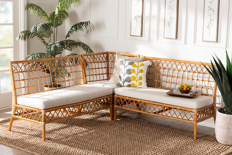 Ayla Modern Bohemian Honey Rattan 3-Piece Dining Nook Banquette Set