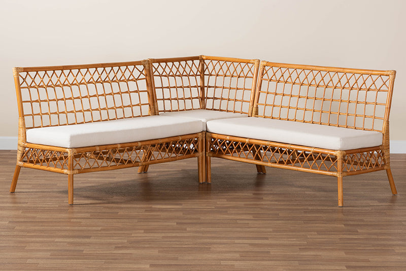 Ayla Modern Bohemian Honey Rattan 3-Piece Dining Nook Banquette Set