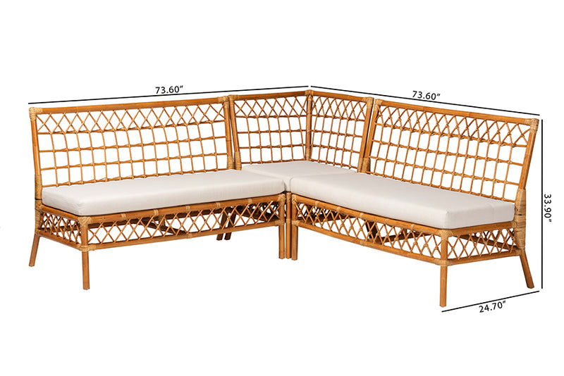 Ayla Modern Bohemian Honey Rattan 3-Piece Dining Nook Banquette Set