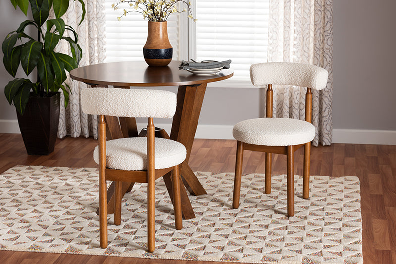 Daymond Modern Japandi Cream Boucle Fabric and Walnut Brown Finished Wood 2-Piece Dining Chair Set