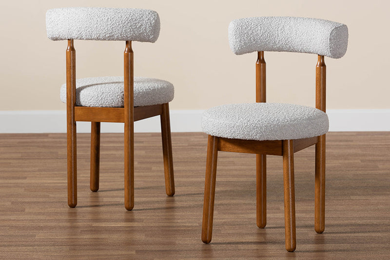 Daymond Modern Japandi Light Gray Boucle Fabric and Walnut Brown 2Pc Chair Set Baxton