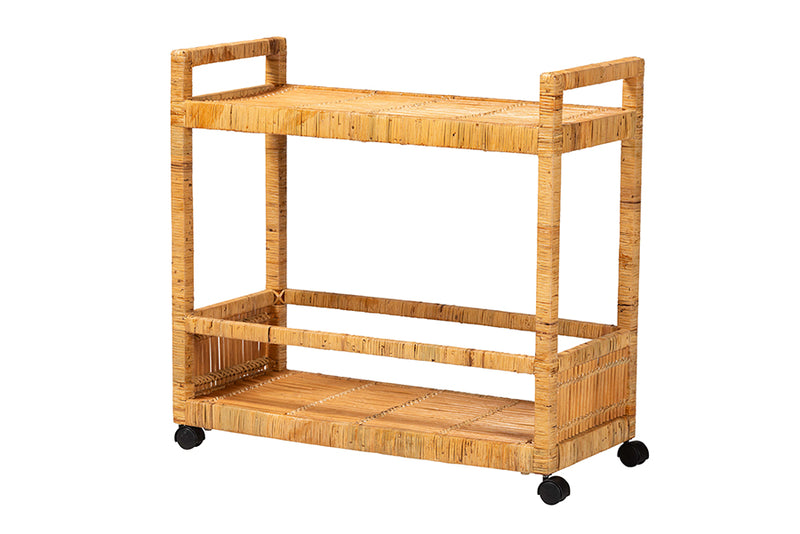 Dorthy Modern Bohemian Natural Brown Rattan and Teak Wood 2-Tier Kitchen Cart