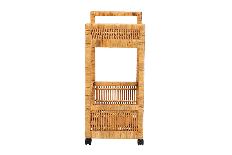 Dorthy Modern Bohemian Natural Brown Rattan and Teak Wood 2-Tier Kitchen Cart