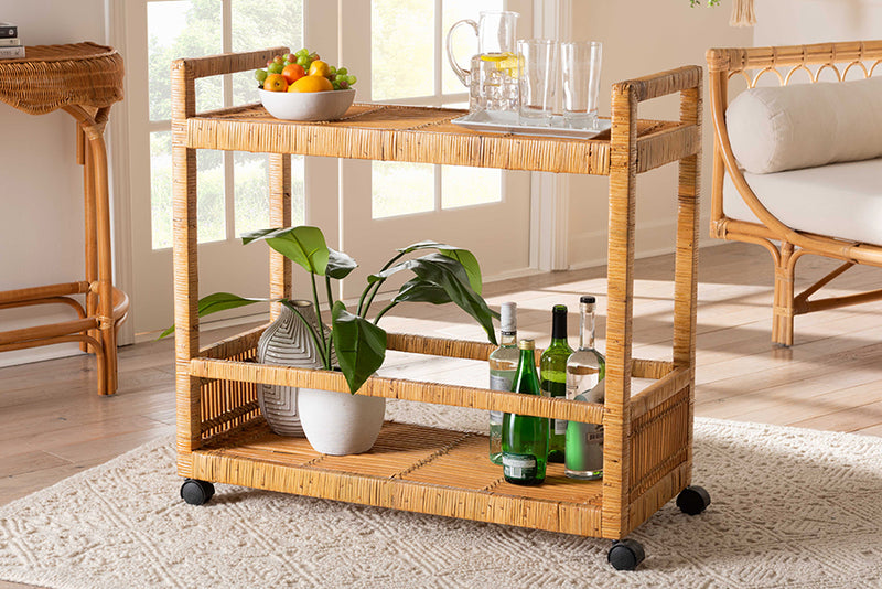 Dorthy Modern Bohemian Natural Brown Rattan and Teak Wood 2-Tier Kitchen Cart