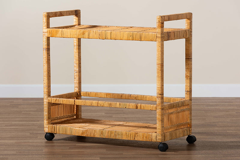 Dorthy Modern Bohemian Natural Brown Rattan and Teak Wood 2-Tier Kitchen Cart