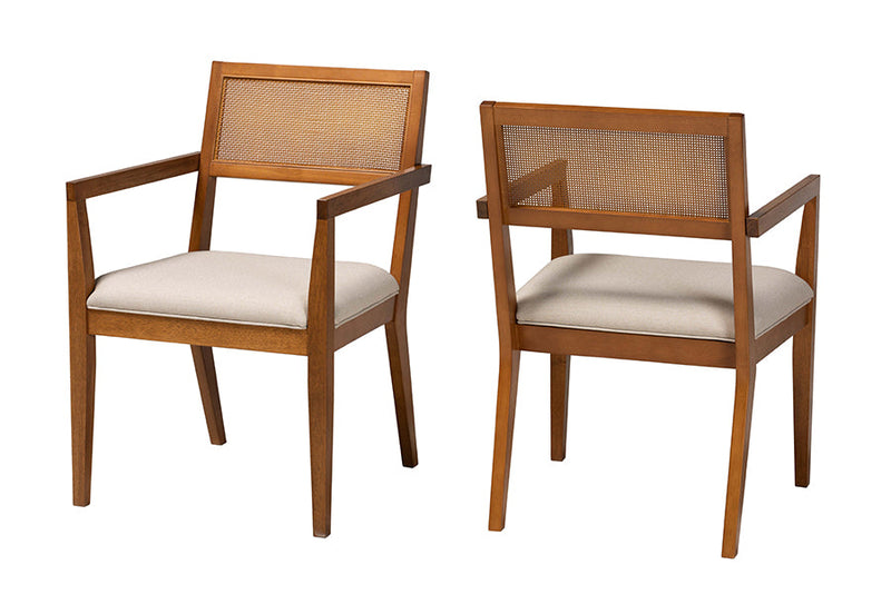 Scarlett Japandi Beige Fabric and Walnut Brown 2Pc Arm Chair Set w/Woven Rattan Baxton
