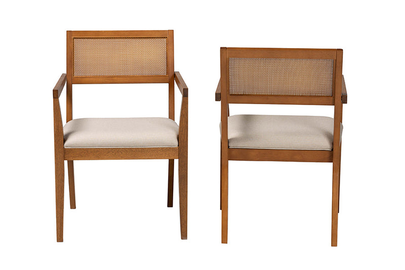 Scarlett Japandi Beige Fabric and Walnut Brown 2Pc Arm Chair Set w/Woven Rattan Baxton