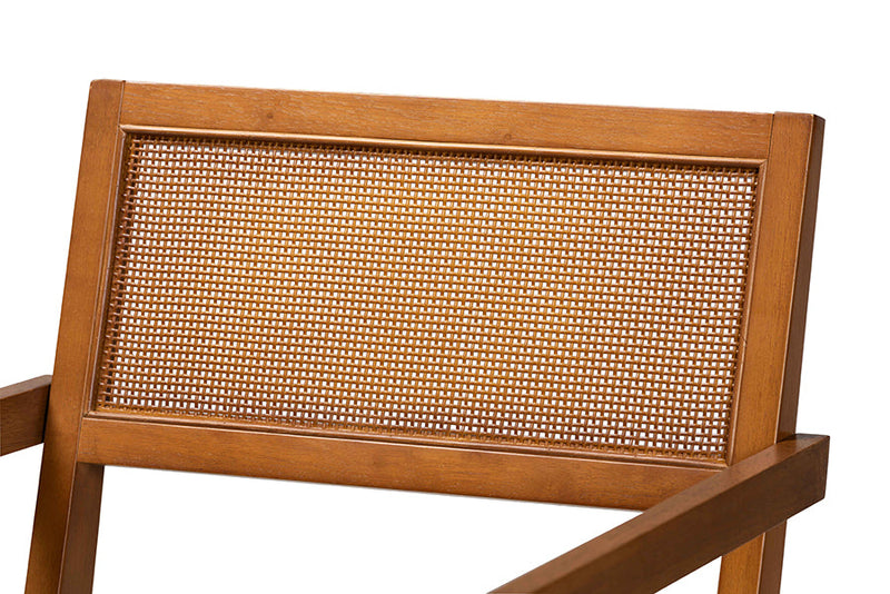 Scarlett Japandi Beige Fabric and Walnut Brown 2Pc Arm Chair Set w/Woven Rattan Baxton