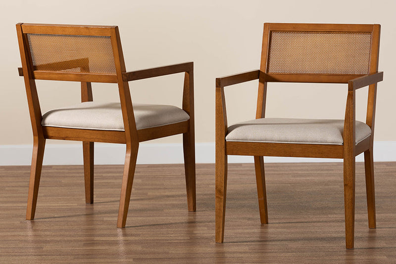 Scarlett Japandi Beige Fabric and Walnut Brown 2Pc Arm Chair Set w/Woven Rattan Baxton