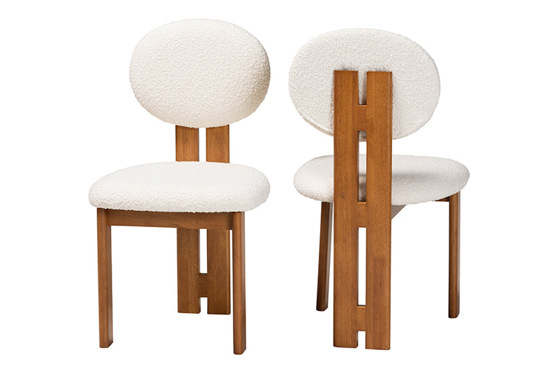 Elettra Modern Japandi Cream Boucle Fabric and Walnut Brown Finished Wood 2-Piece Dining Chair Set