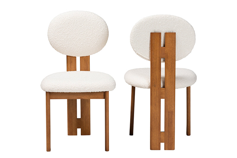 Elettra Modern Japandi Cream Boucle Fabric and Walnut Brown Finished Wood 2-Piece Dining Chair Set