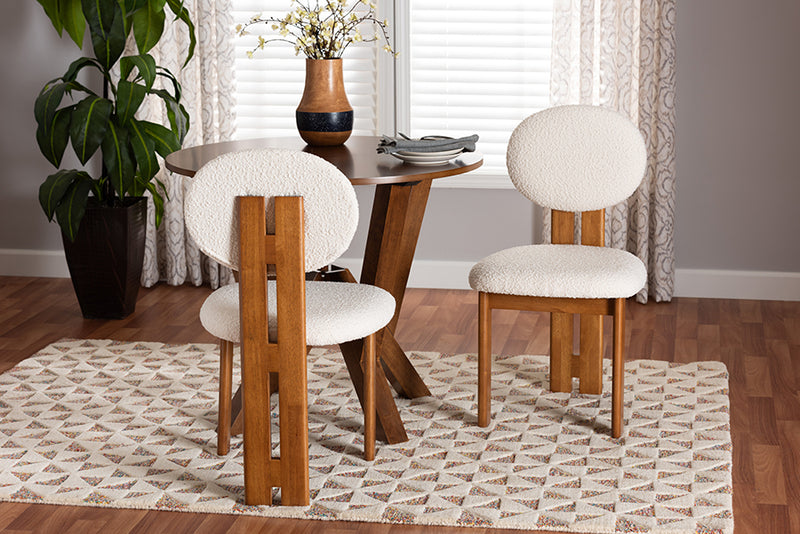 Elettra Modern Japandi Cream Boucle Fabric and Walnut Brown Finished Wood 2-Piece Dining Chair Set