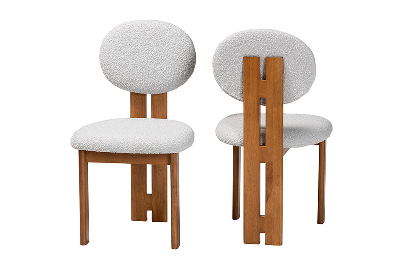 Elettra Modern Japandi Light Gray Boucle Fabric and Walnut Brown 2Pc Chair Set Baxton
