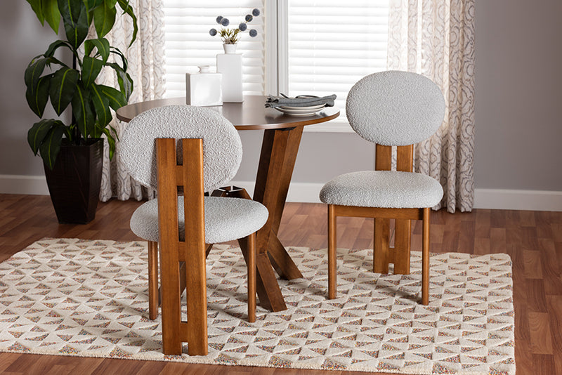 Elettra Modern Japandi Light Gray Boucle Fabric and Walnut Brown Finished Wood 2-Piece Dining Chair Set