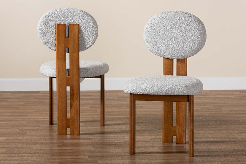 Elettra Modern Japandi Light Gray Boucle Fabric and Walnut Brown 2Pc Chair Set Baxton