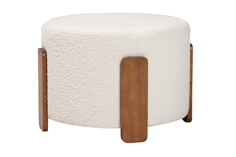 Lana Modern Japandi Cream Boucle Fabric and Walnut Brown Finished Wood Ottoman Footstool