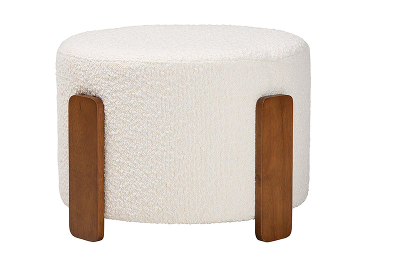 Lana Modern Japandi Cream Boucle Fabric and Walnut Brown Finished Wood Ottoman Footstool