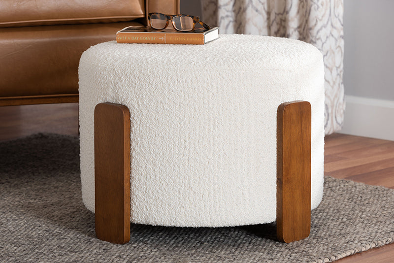 Lana Modern Japandi Cream Boucle Fabric and Walnut Brown Finished Wood Ottoman Footstool