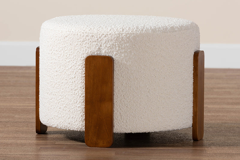 Lana Modern Japandi Cream Boucle Fabric and Walnut Brown Finished Wood Ottoman Footstool