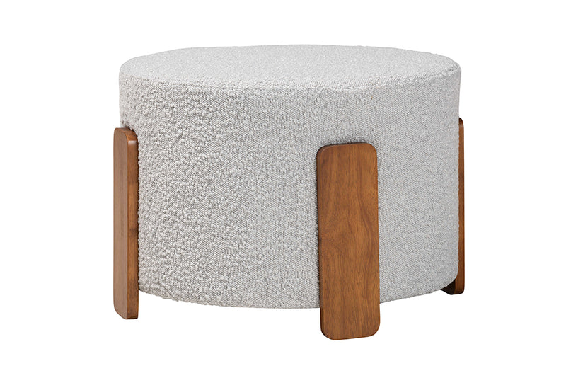 Lana Modern Japandi Light Gray Boucle Fabric and Walnut Brown Finished Wood Ottoman Footstool