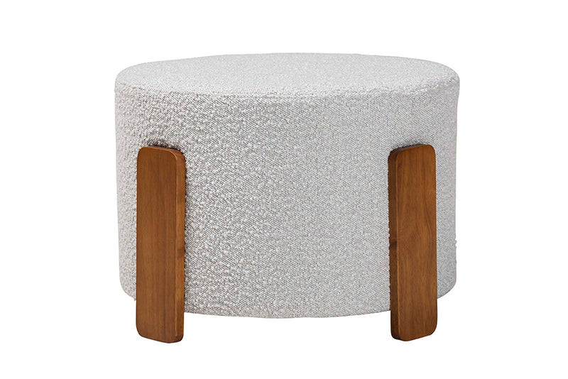 Lana Modern Japandi Light Gray Boucle Fabric and Walnut Brown Finished Wood Ottoman Footstool