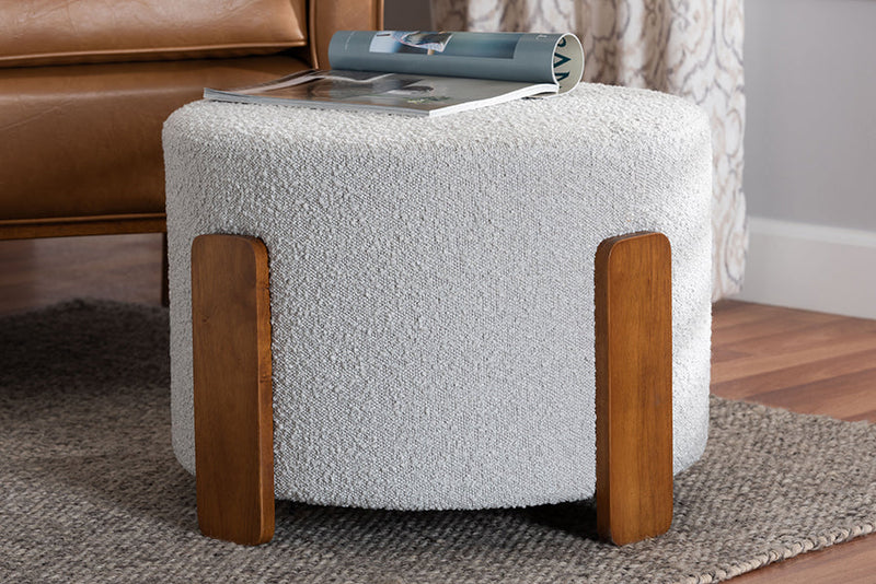 Lana Modern Japandi Light Gray Boucle Fabric and Walnut Brown Ottoman Footstool Baxton