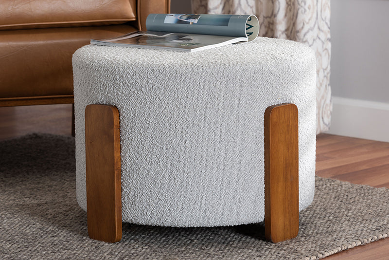 Lana Modern Japandi Light Gray Boucle Fabric and Walnut Brown Finished Wood Ottoman Footstool