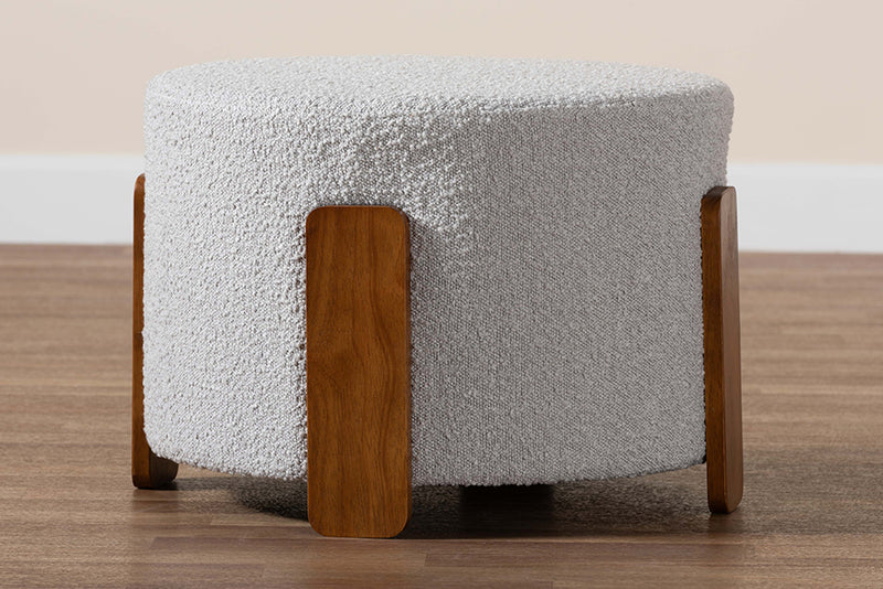 Lana Modern Japandi Light Gray Boucle Fabric and Walnut Brown Finished Wood Ottoman Footstool