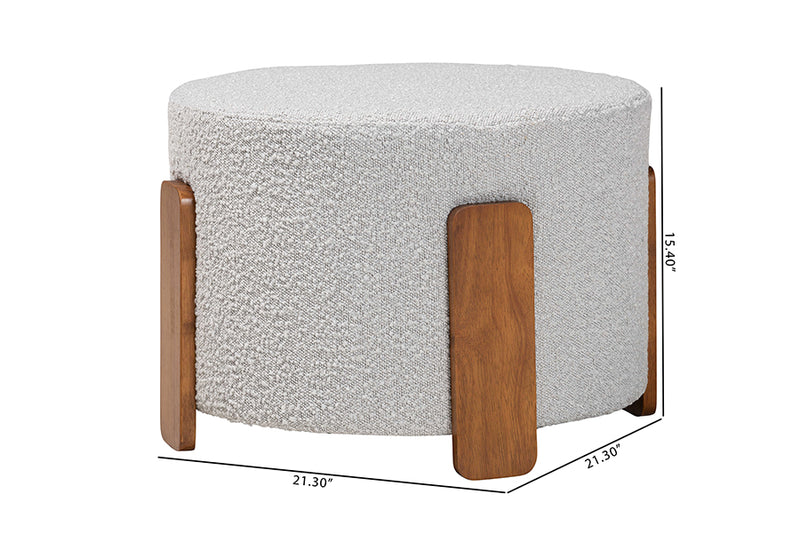 Lana Modern Japandi Light Gray Boucle Fabric and Walnut Brown Finished Wood Ottoman Footstool