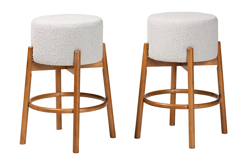 Cantara Modern Japandi Light Gray Boucle Fabric and Walnut Brown Finished Wood 2-Piece Bar Stool Set