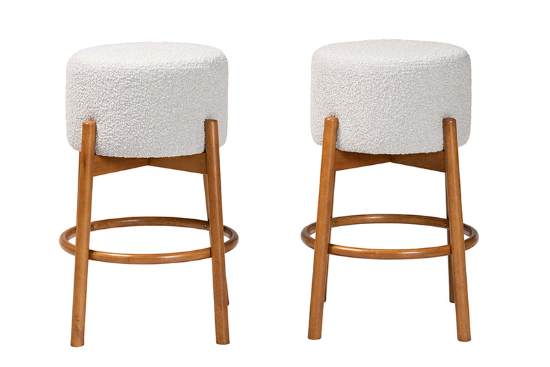 Cantara Modern Japandi Light Gray Boucle Fabric and Walnut Brown Finished Wood 2-Piece Bar Stool Set