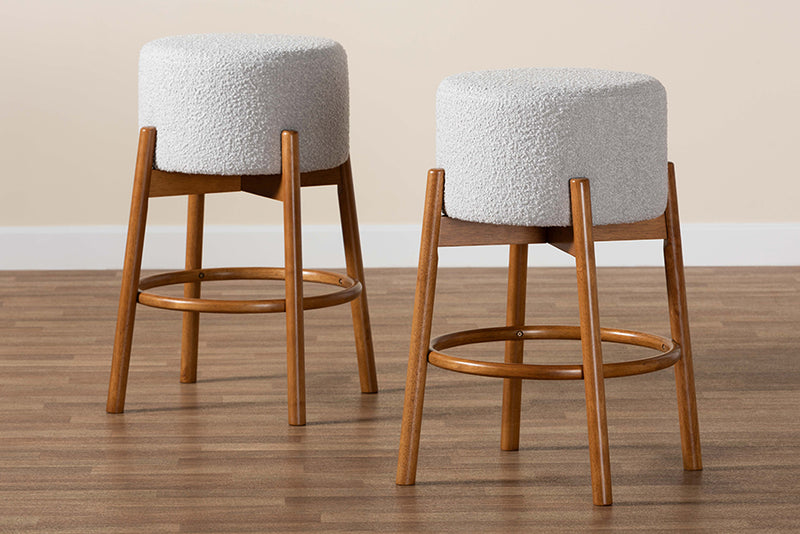 Cantara Modern Japandi Light Gray Boucle Fabric and Walnut Brown Finished Wood 2-Piece Bar Stool Set