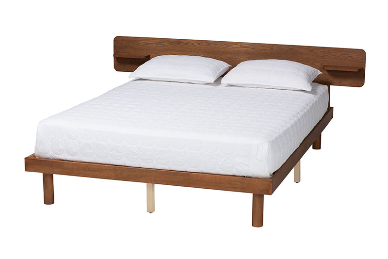 Paris Mid-Century Modern Walnut Brown Finished Wood Queen Size Platform Bed w/Built-in Shelf