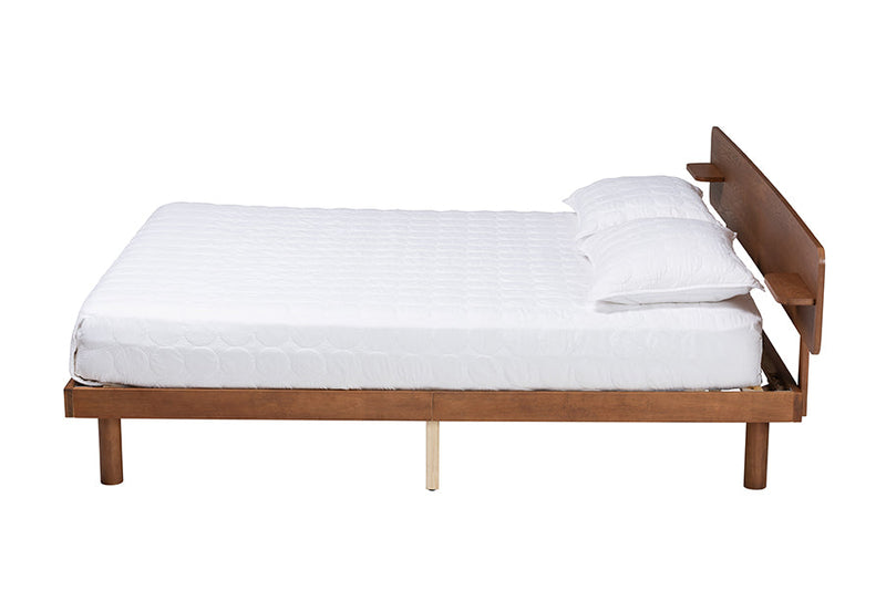 Paris Walnut Brown Queen Size Platform Bed w/Built-in Shelf Baxton