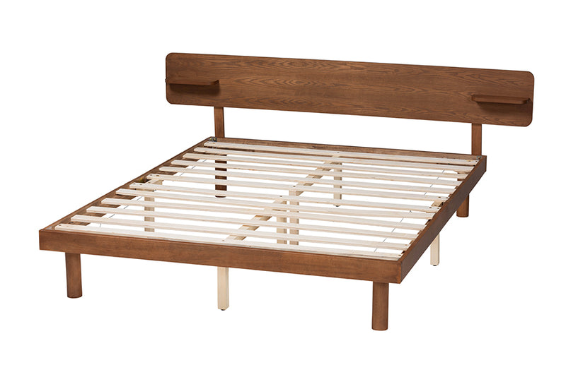 Paris Mid-Century Modern Walnut Brown Finished Wood Queen Size Platform Bed w/Built-in Shelf