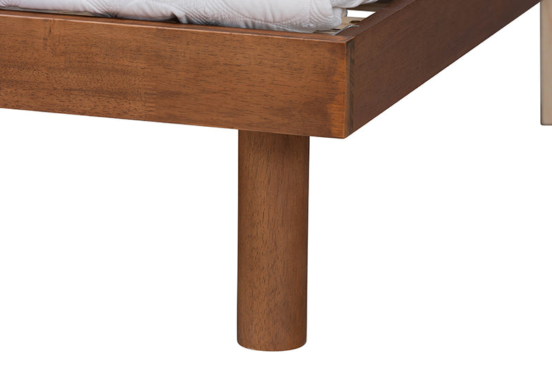 Paris Mid-Century Modern Walnut Brown Finished Wood Queen Size Platform Bed w/Built-in Shelf