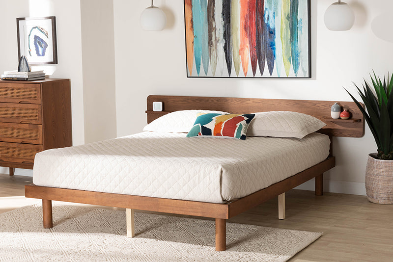 Paris Mid-Century Modern Walnut Brown Finished Wood Queen Size Platform Bed w/Built-in Shelf