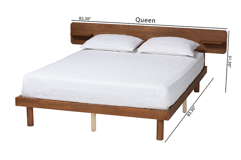 Paris Mid-Century Modern Walnut Brown Finished Wood Queen Size Platform Bed w/Built-in Shelf