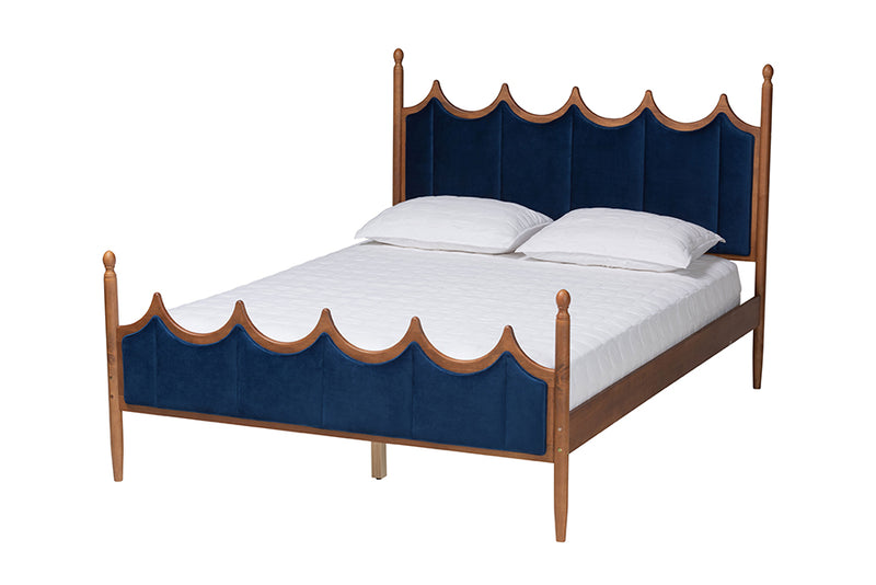 Julian Retro-Modern Royal Blue Velvet Fabric and Walnut Brown Wood Queen Size Platform Bed