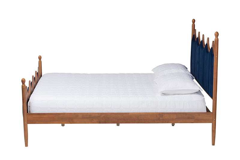 Julian Retro-Modern Royal Blue Velvet Fabric and Walnut Brown Wood Queen Size Platform Bed