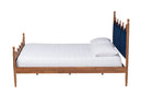 Julian Royal Blue Velvet Fabric and Walnut Brown Wood Queen Size Platform Bed Baxton