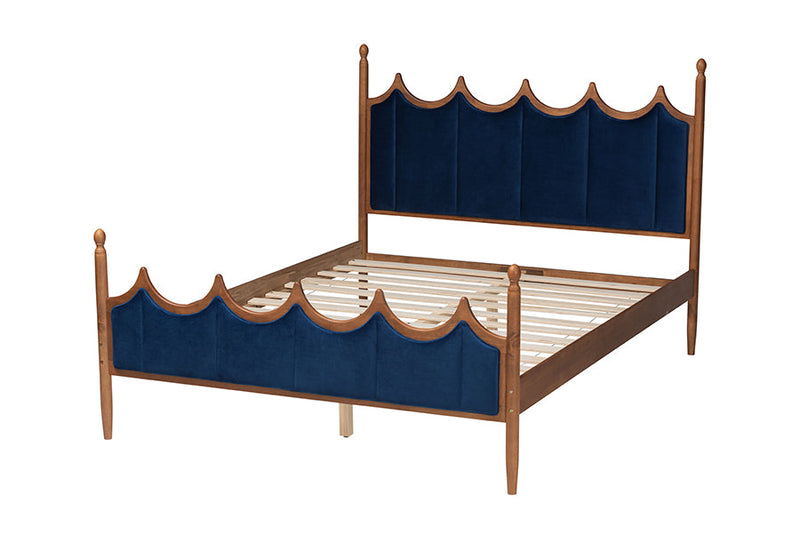 Julian Royal Blue Velvet Fabric and Walnut Brown Wood Queen Size Platform Bed Baxton